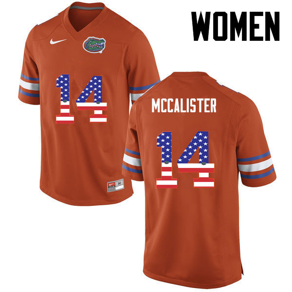 Women Florida Gators #14 Alex McCalister College Football USA Flag Fashion Jerseys-Orange - Click Image to Close